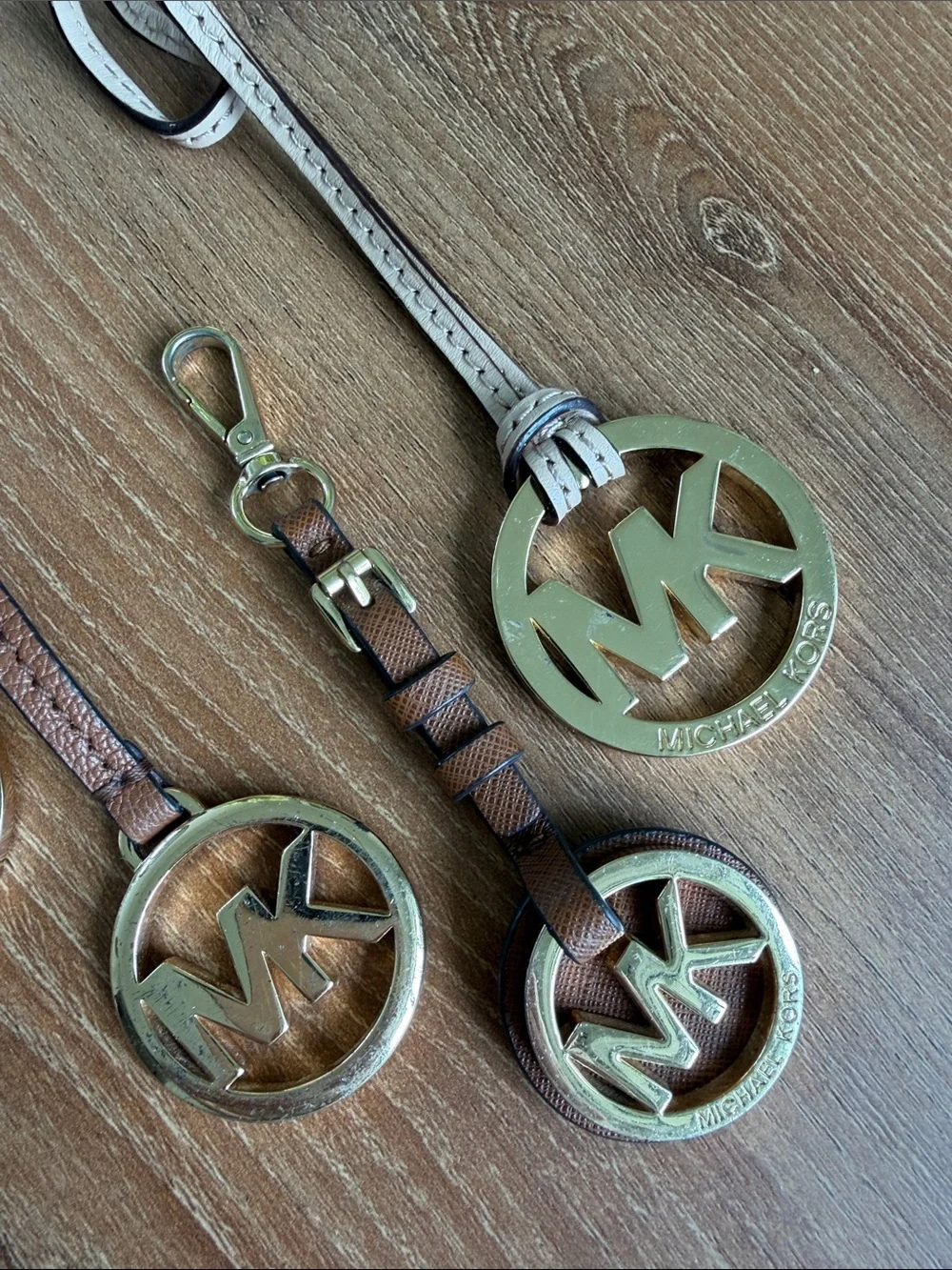 Michael Kors MK Logo Bag Charms Set of 4 Gold Tone Leather Straps